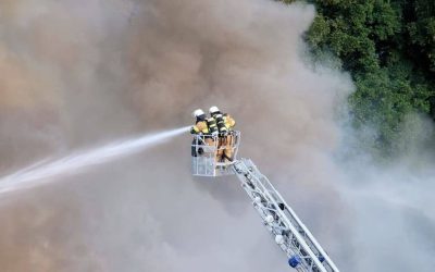 Two firefighters try to stop a fire forest surrounded by smoke